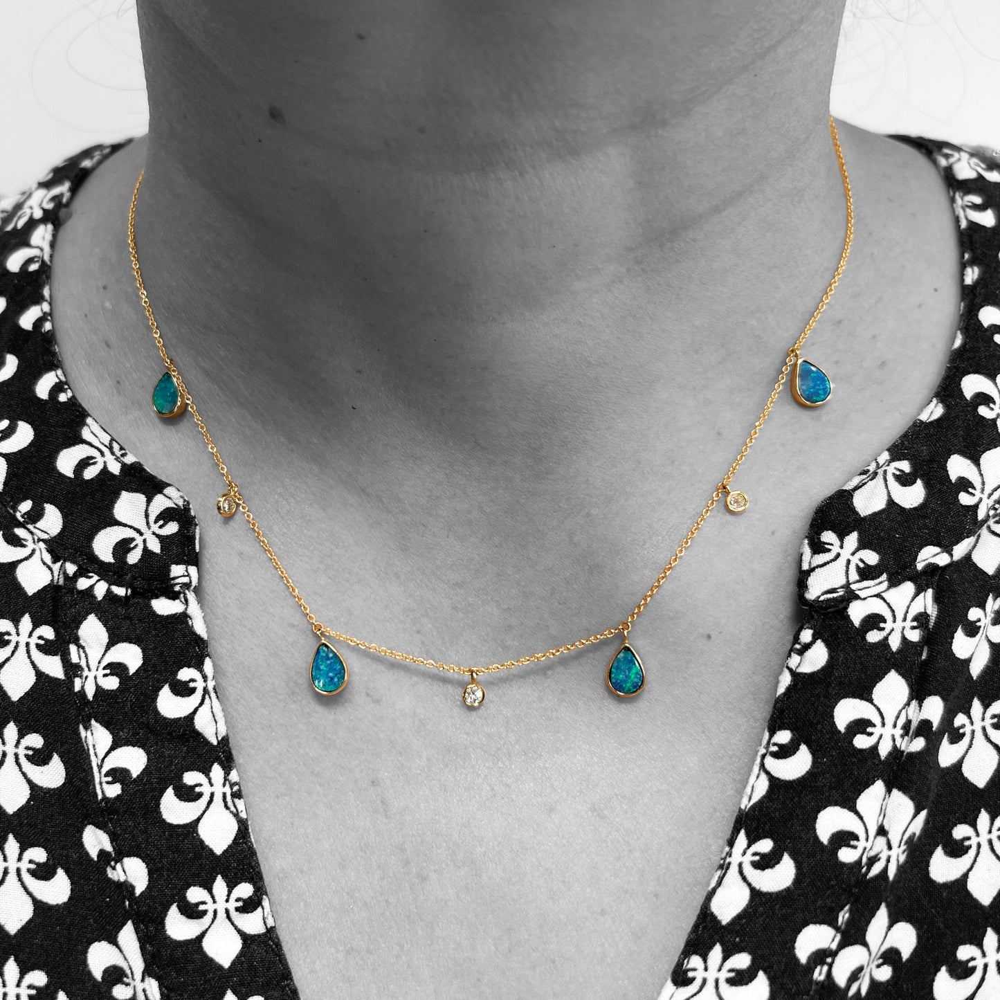 14ky Diamond and Opal Dangles Necklace