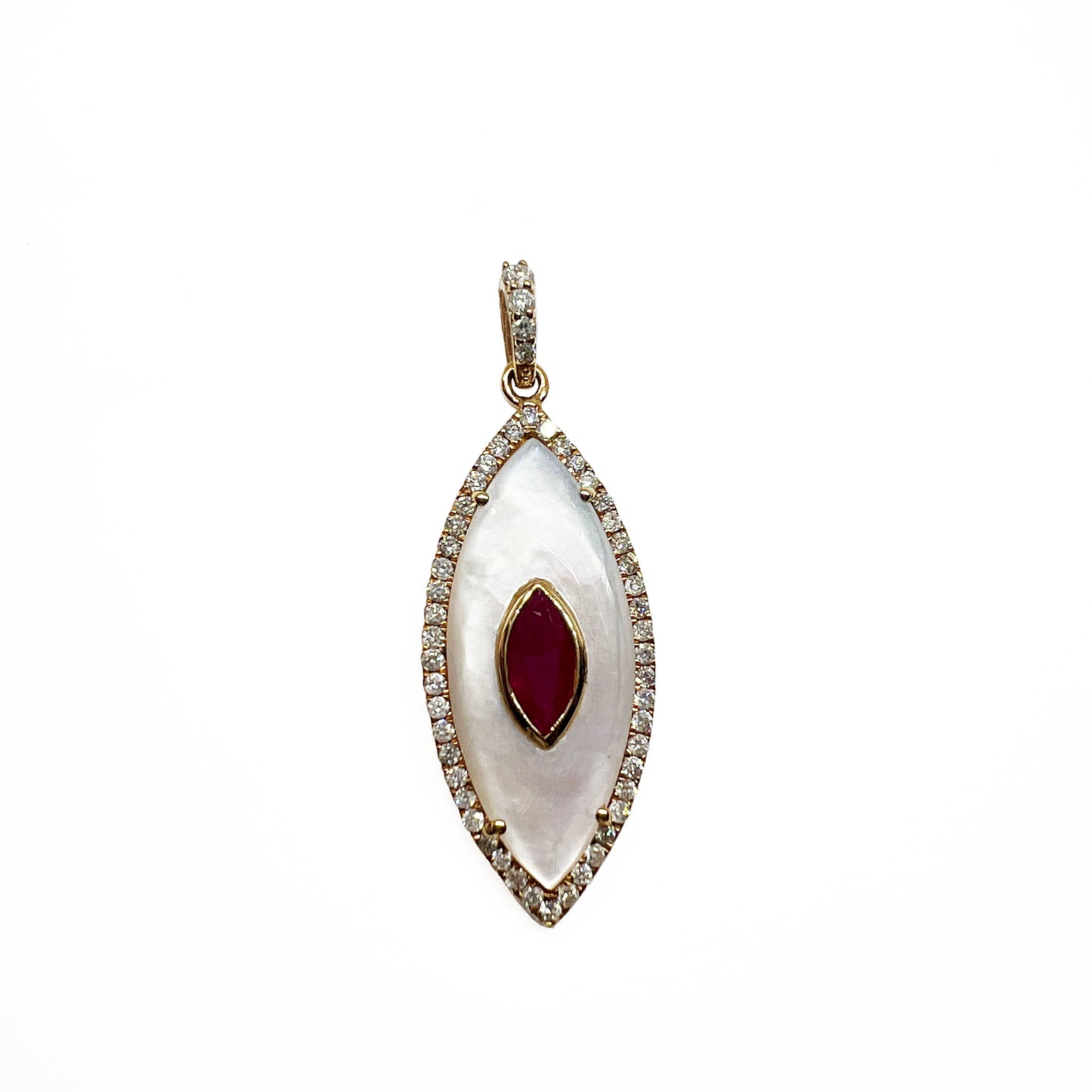 18ky Mother of Pearl, Ruby & Diamond Halo Pendant