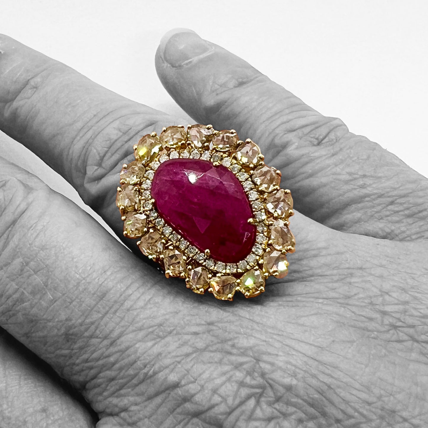 18ky Rose Cut Ruby and Diamond Ring