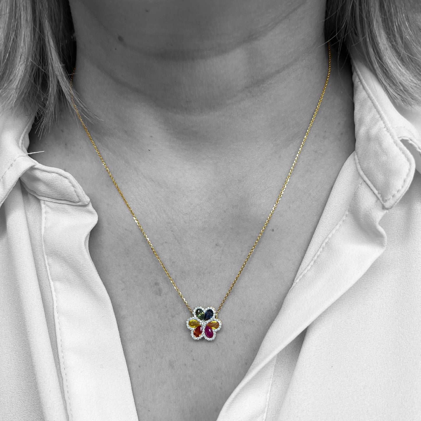 14ky Rainbow Sapphires Flower Necklace