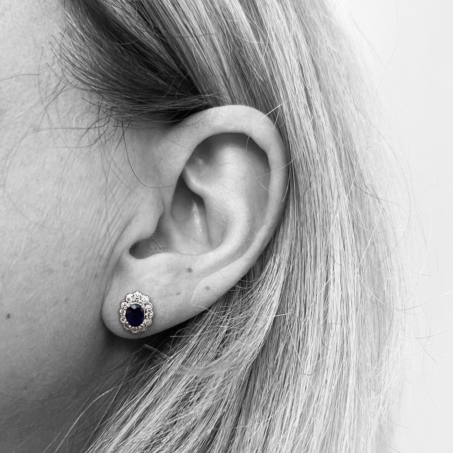 14kw Blue Sapphire and Diamond Halo Earrings