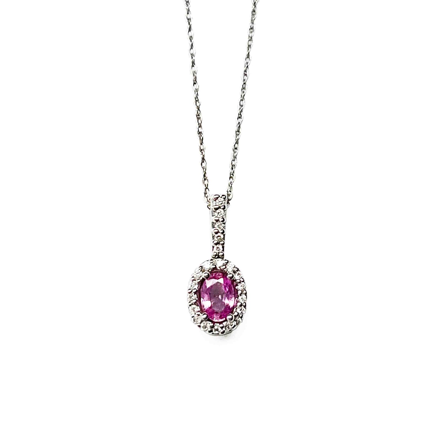 14kw Pink Sapphire and Diamond Halo Pendant