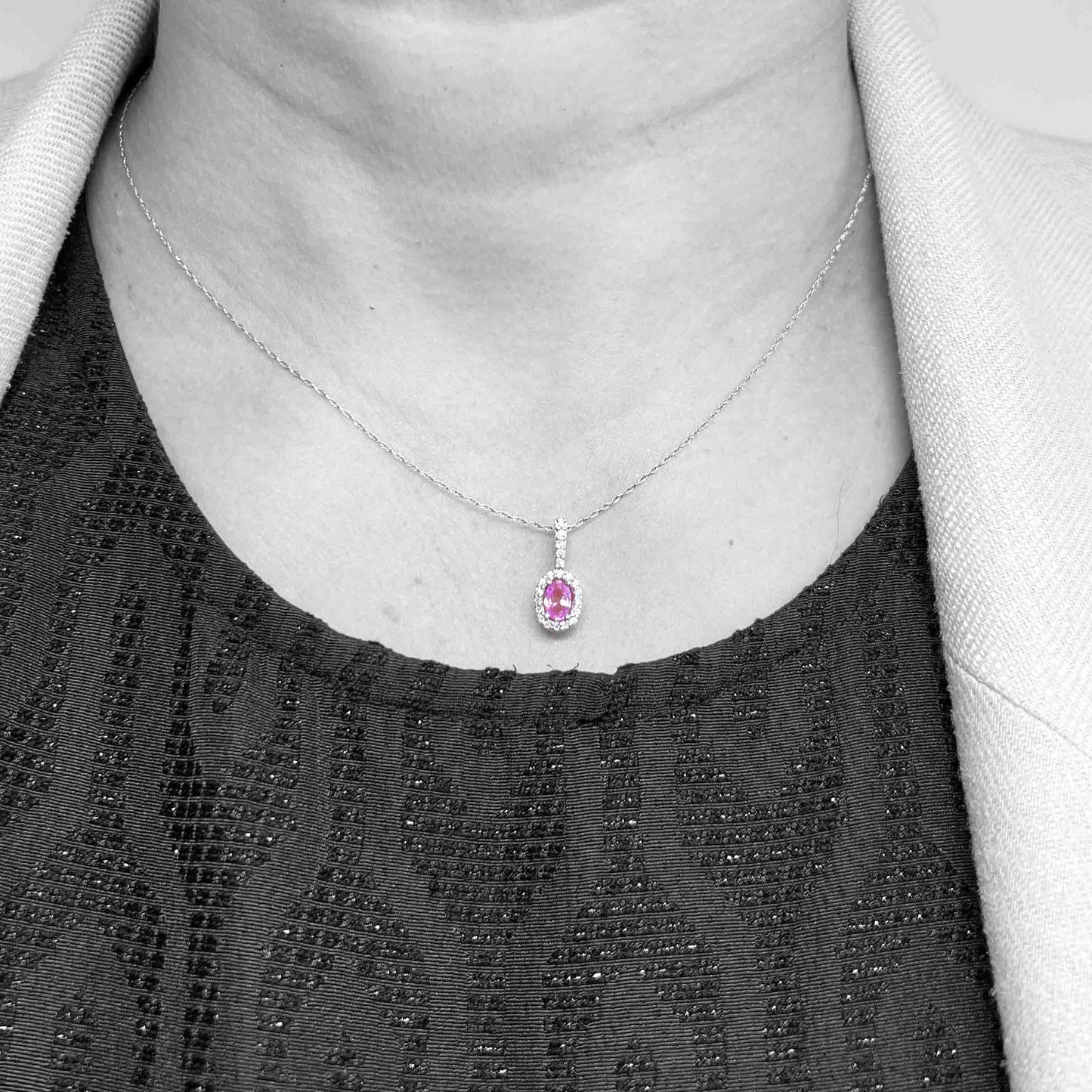 14kw Pink Sapphire and Diamond Halo Pendant