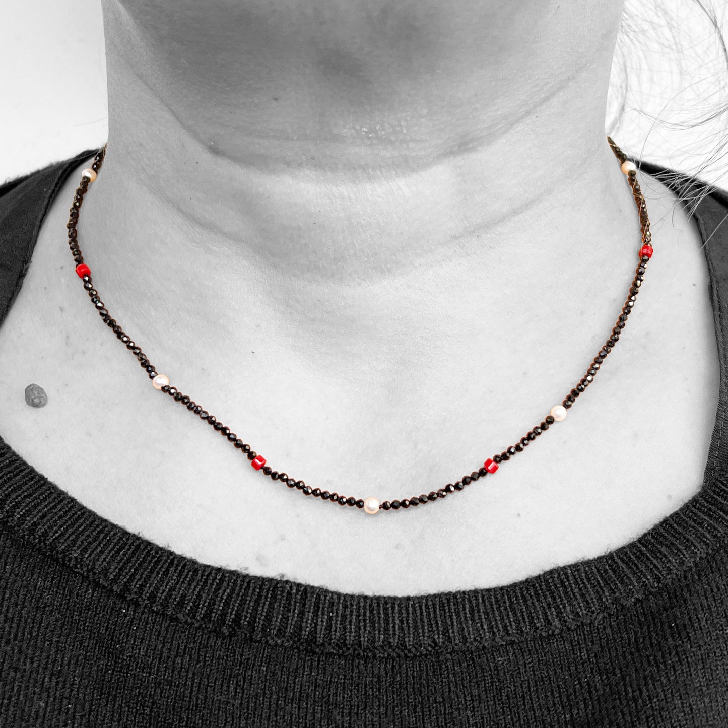Black Spinel and Coral Beads Necklace
