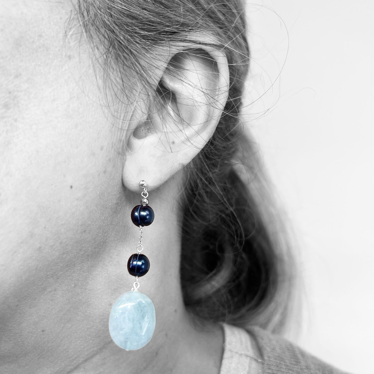 Silver Aquamarine and Pearl Earrings