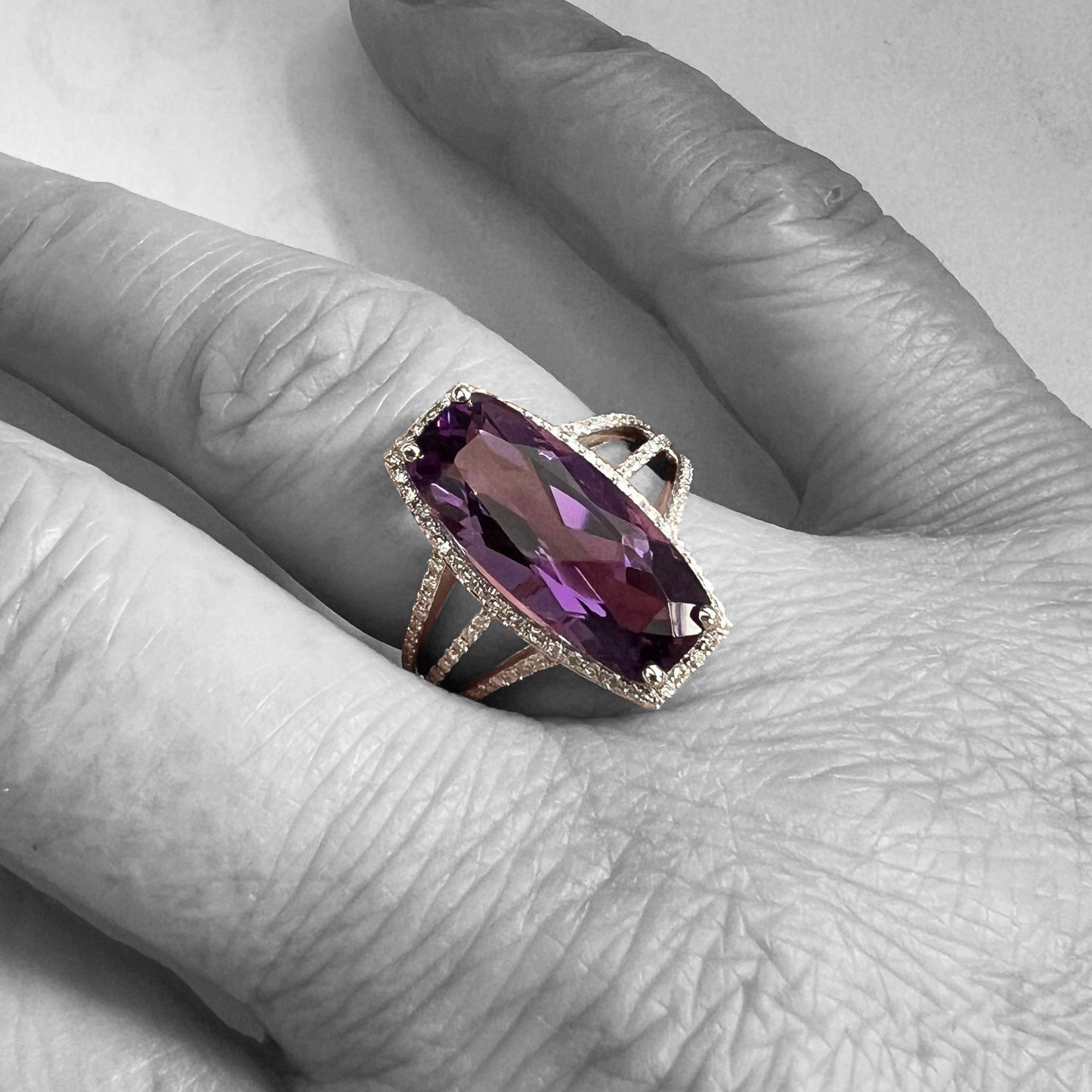 14kw Long Amethyst and Diamond Ring