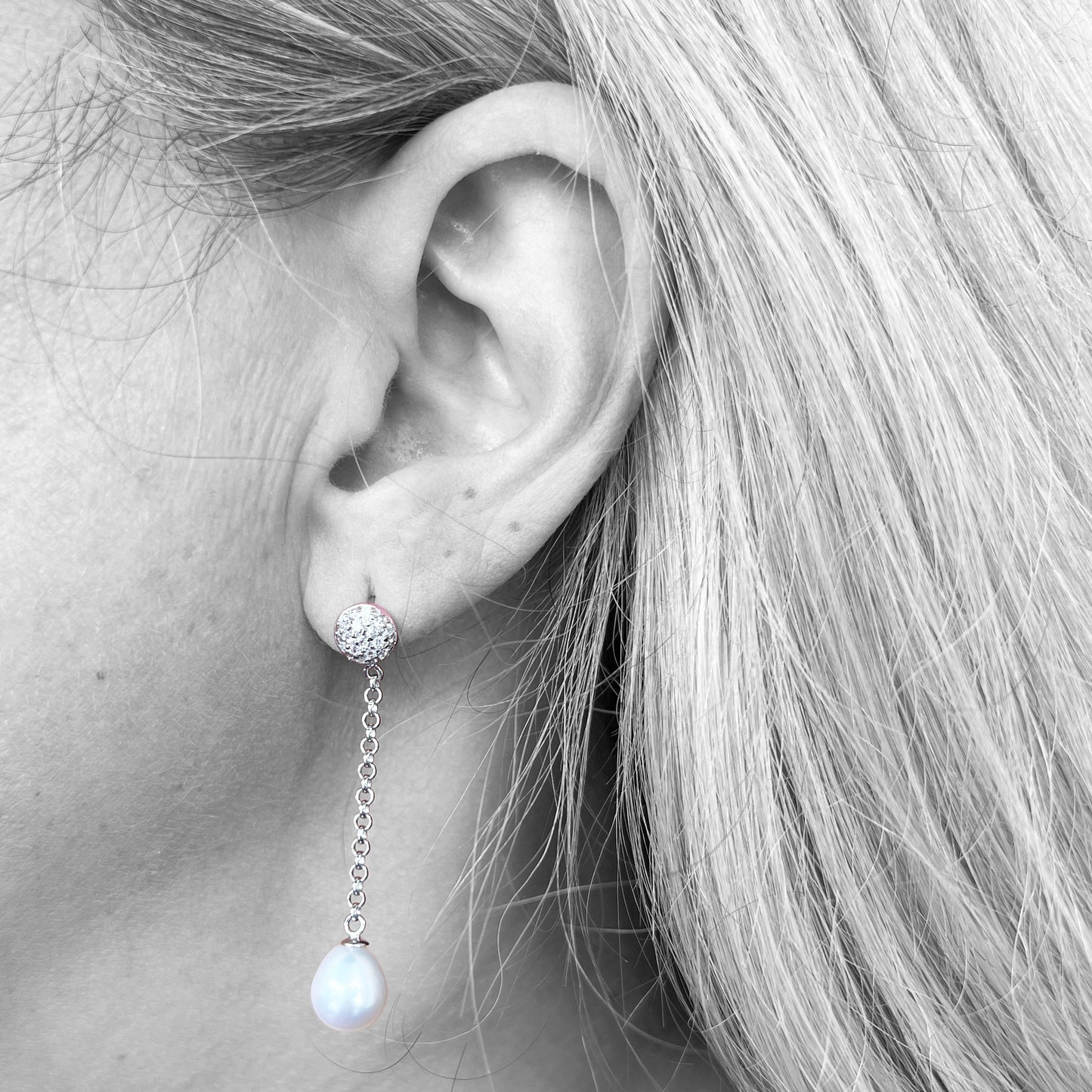 Silver White Pearl Earrings with Pave Cz