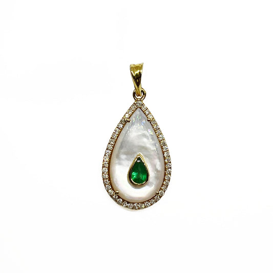 18ky Mother of Pearl, Emerald & Diamond Halo Pendant