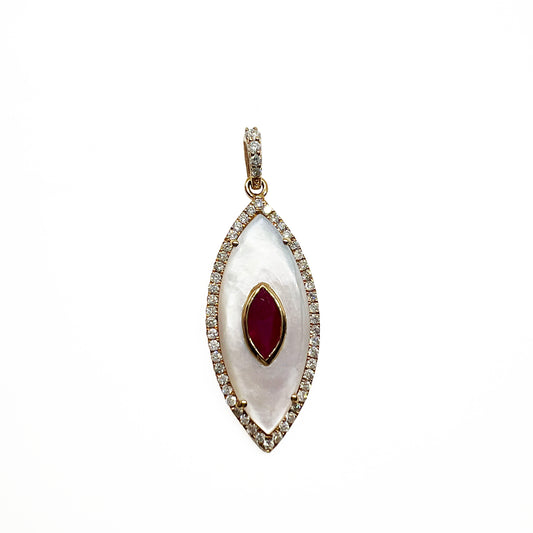 18ky Mother of Pearl, Ruby & Diamond Halo Pendant