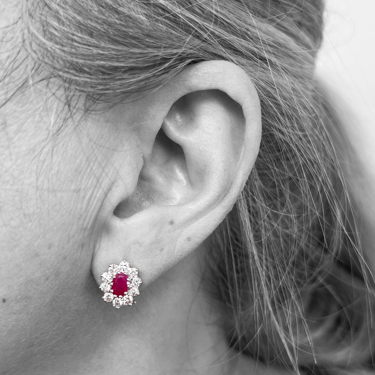 18kw Ruby & Diamond Halo Earrings