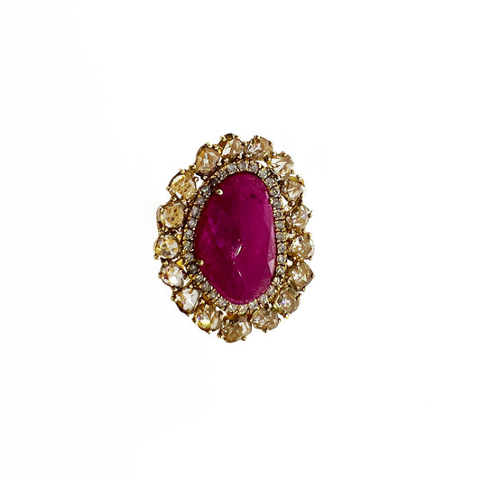 18ky Rose Cut Ruby and Diamond Ring