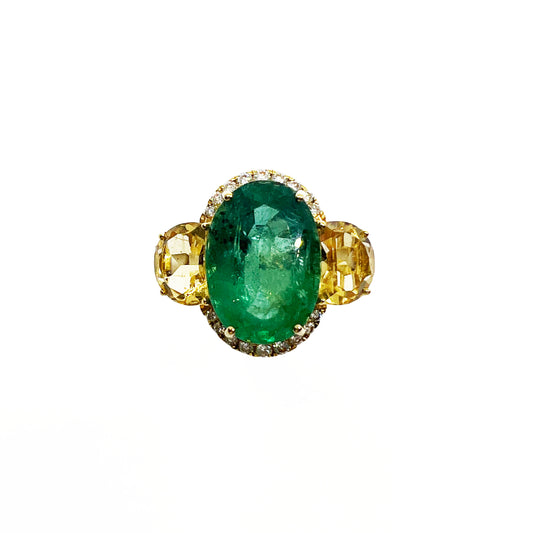 18ky Emerald, Citrine and Diamonds Ring