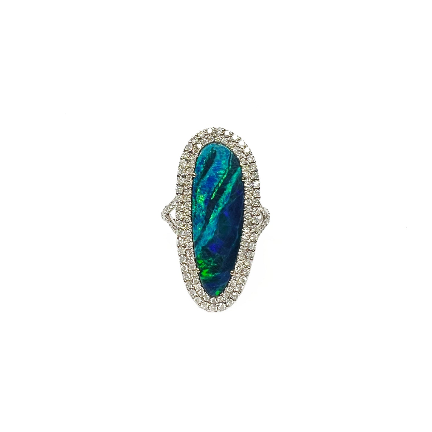 18kw Opal and Diamond Halo Ring