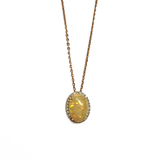 18kr Opal and Diamond Halo Necklace