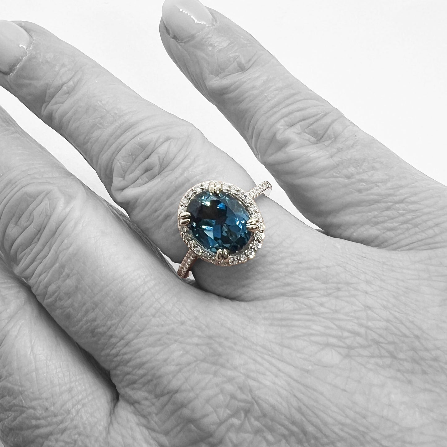 14kw London Blue Topaz Ring with Diamond Halo