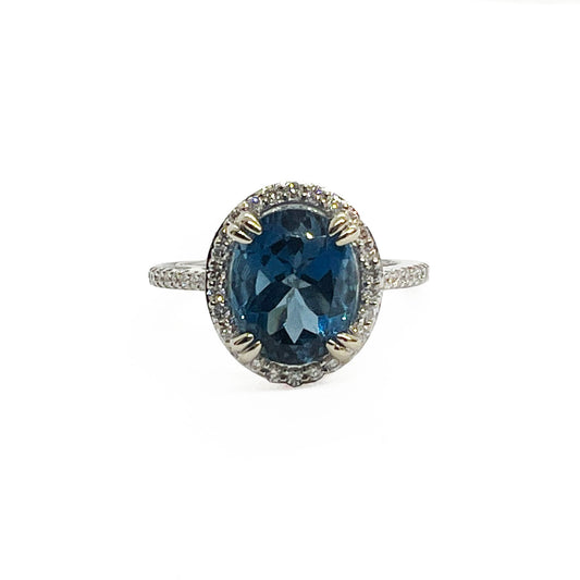 14kw London Blue Topaz Ring with Diamond Halo