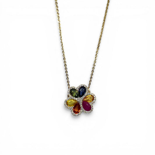 14ky Rainbow Sapphires Flower Necklace