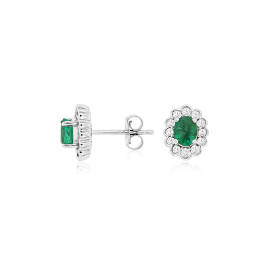 14kw Emerald and Diamond Halo Earrings