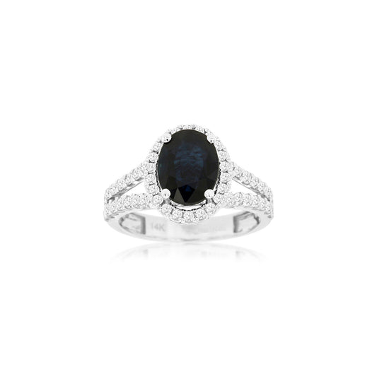 14kw Blue Sapphire Ring with Diamond Halo