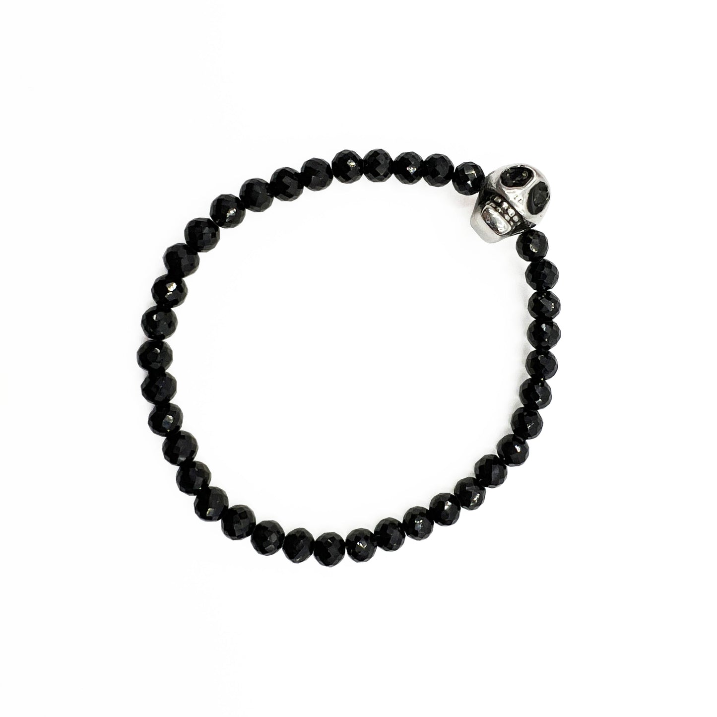 Black spinel beads bracelet with Silver Skull