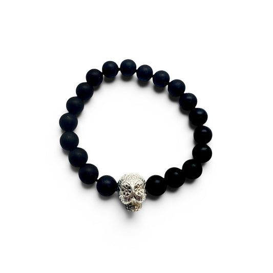 Black Onyx beads bracelet with Silver Skull