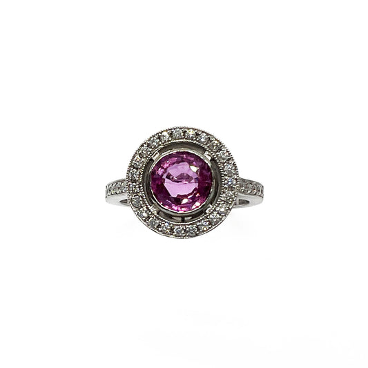 14kw Pink Sapphire and Diamond Halo Ring