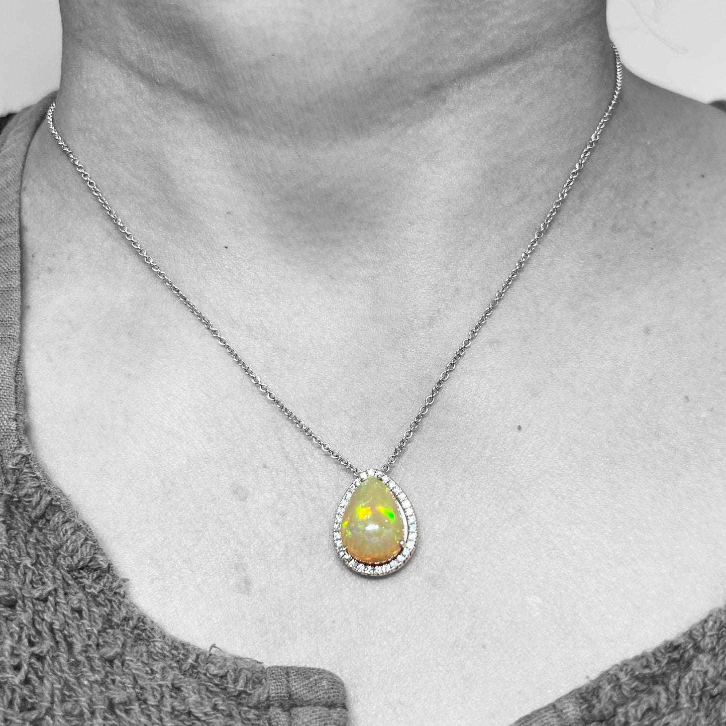 14kw Opal and Diamond Halo Necklace