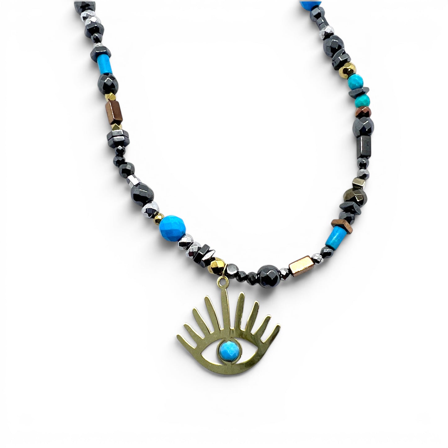 18ky Evil Eye Pendant on beaded necklace