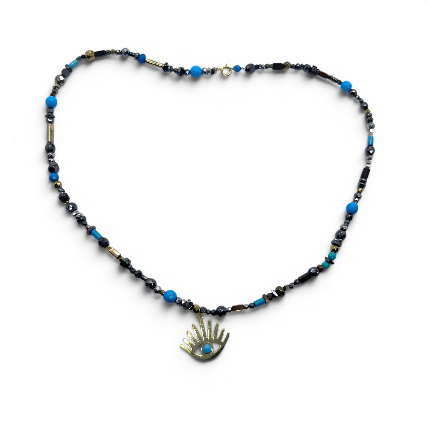 18ky Evil Eye Pendant on beaded necklace