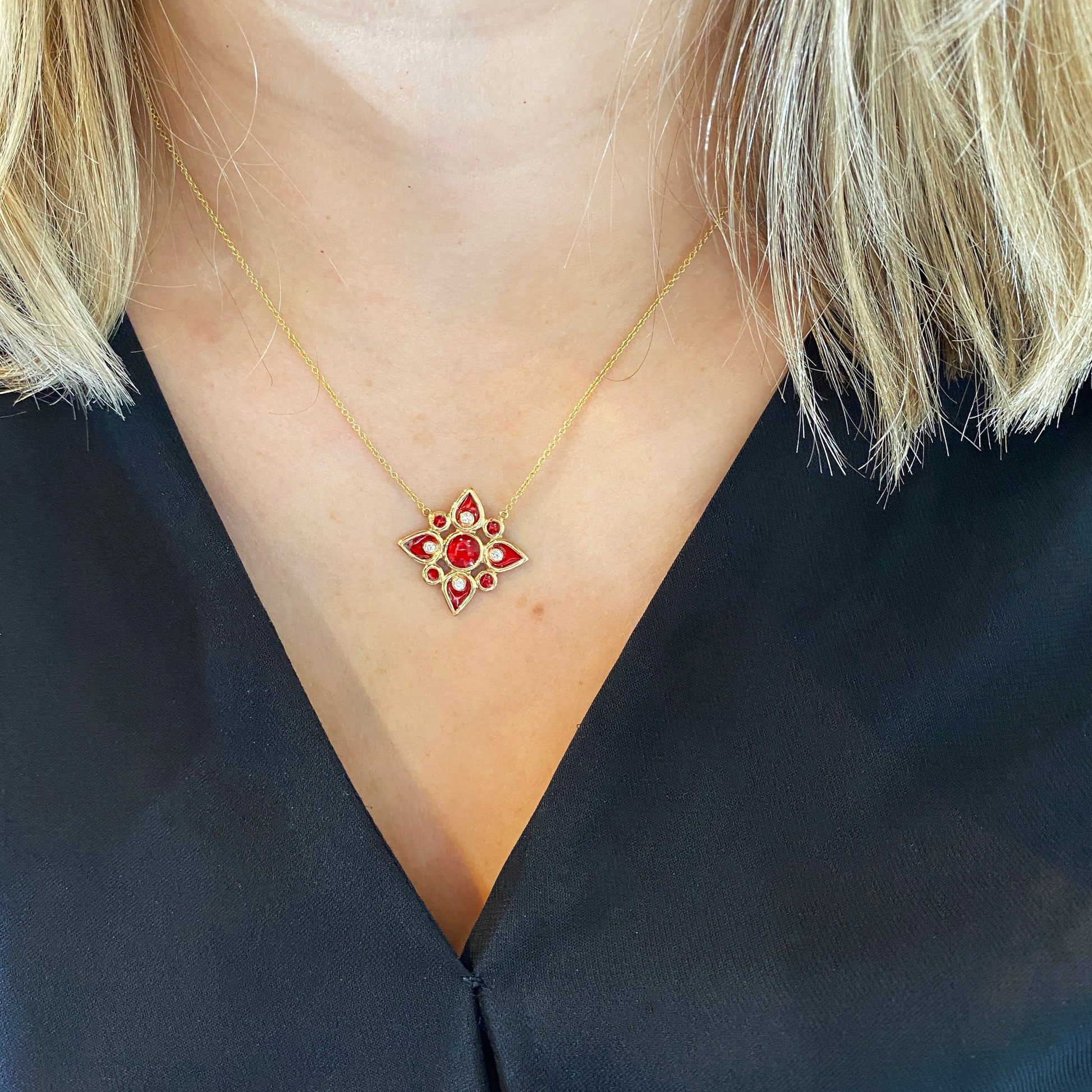18ky Red Enamel & Diamond Flower Necklace by Ferro & Fiori - eklektic jewelry studio