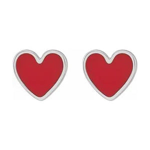 Silver Red Enamel Heart Earrings