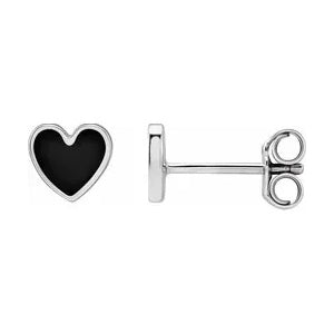 Silver Black Enamel Heart Earrings