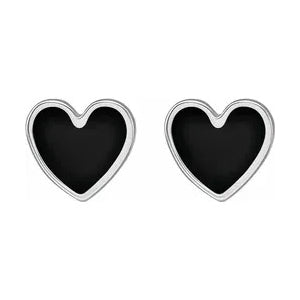 Silver Black Enamel Heart Earrings