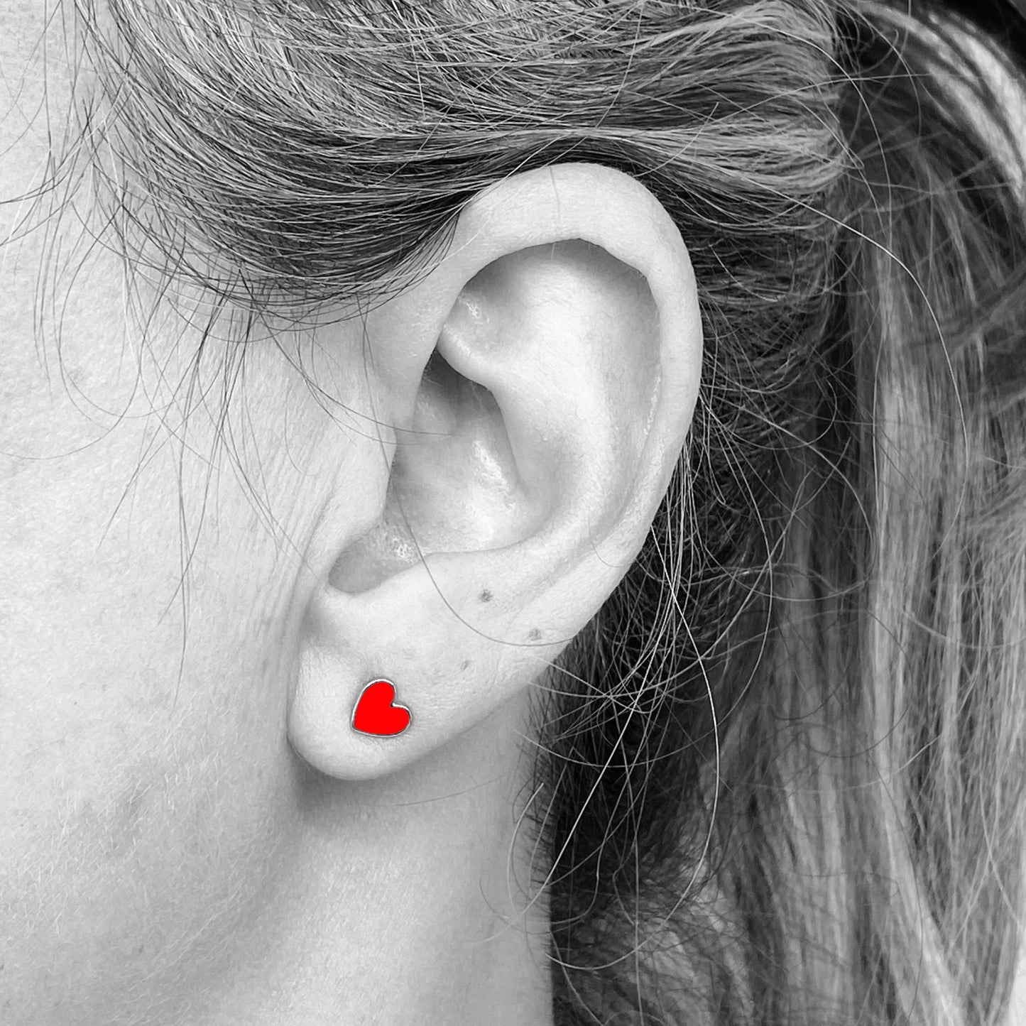 Silver Red Enamel Heart Earrings