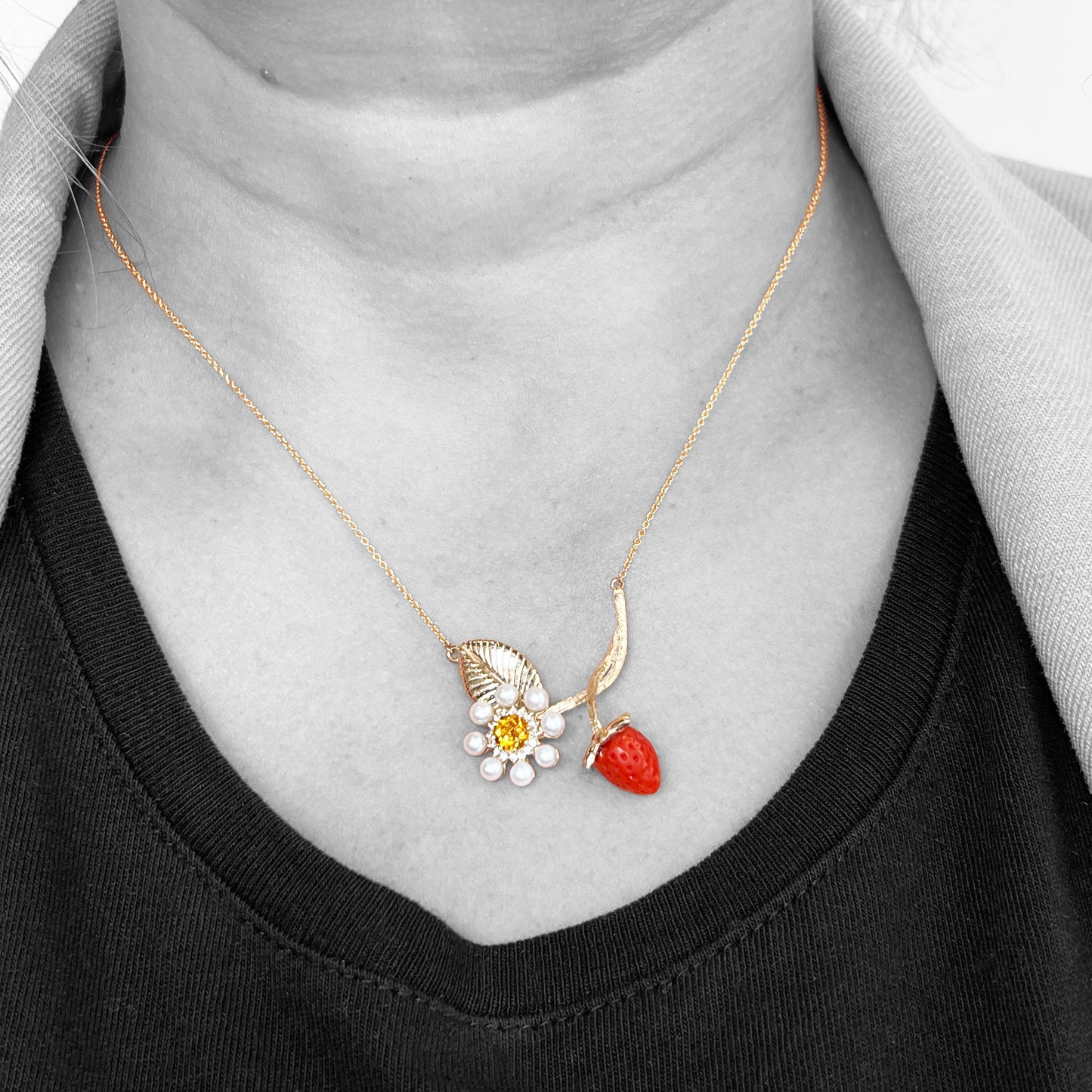 14ky Coral Strawberry and Flower necklace
