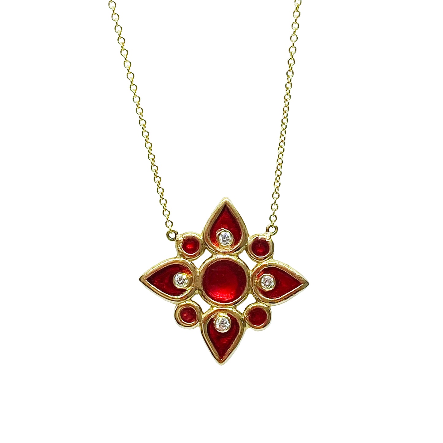 18ky Red Enamel & Diamond Flower Necklace by Ferro & Fiori - eklektic jewelry studio