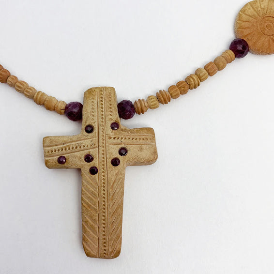 Clay Cross on Clay and Ruby Beads Necklace - eklektic jewelry studio