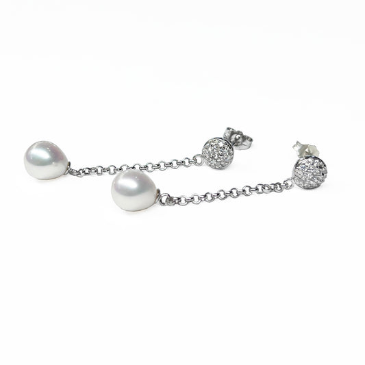 Silver White Pearl Earrings with Pave Cz