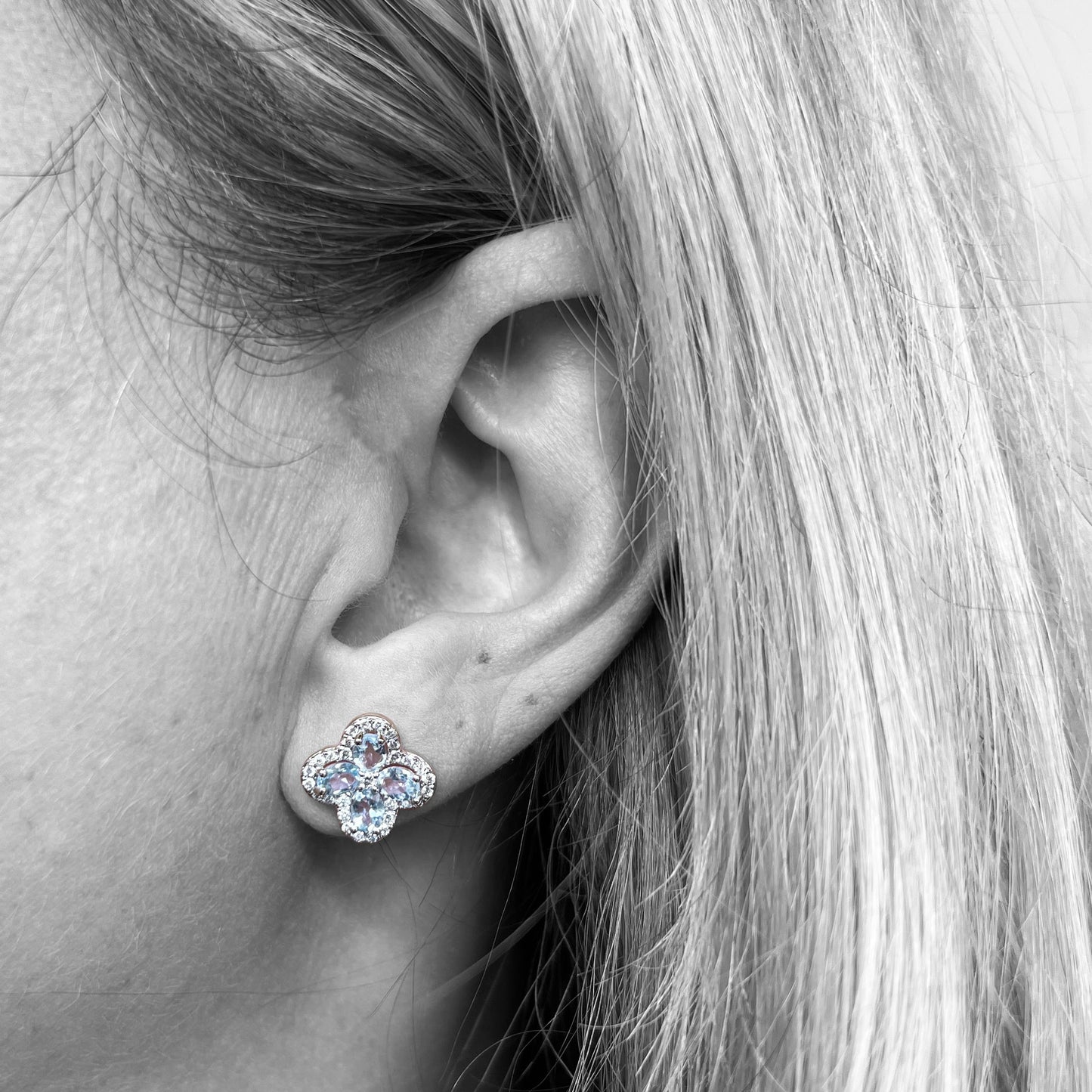 14kw Aquamarine and Diamond Clover Earrings