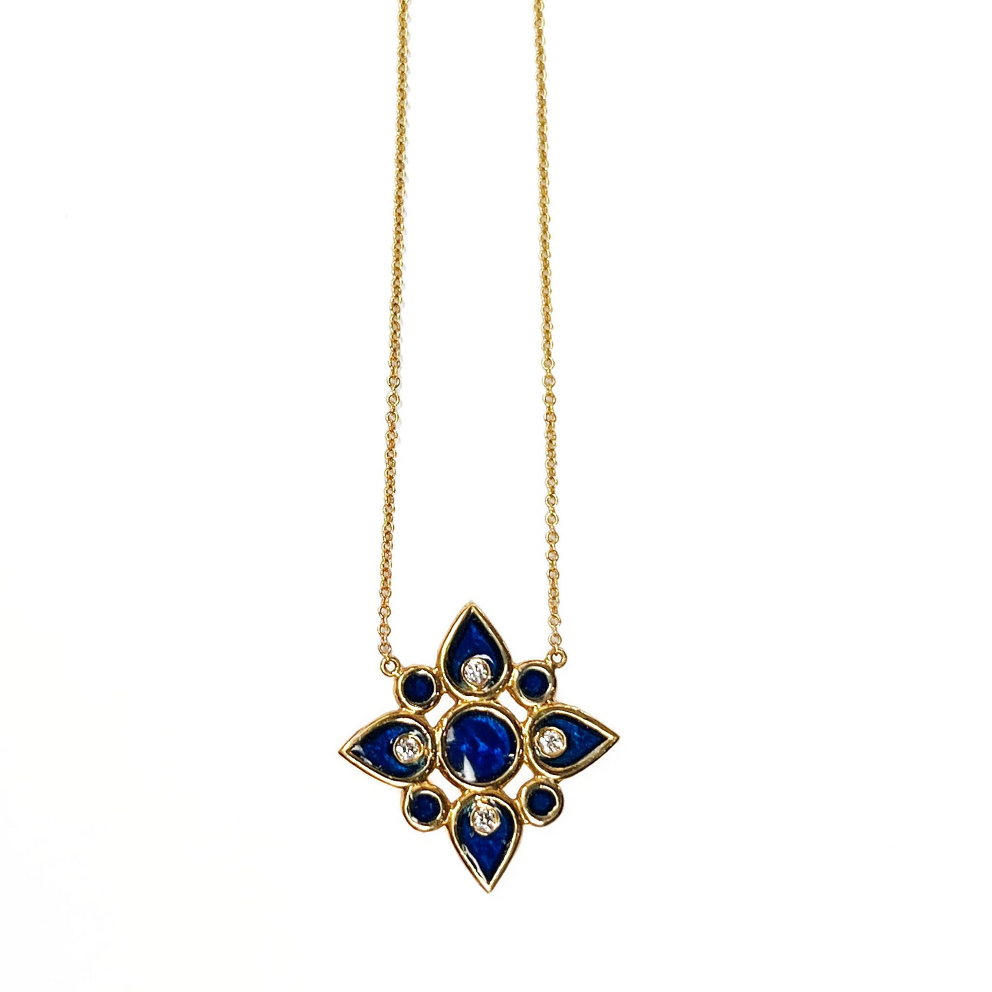 18ky Midnight Blue Enamel & Diamond Flower Necklace