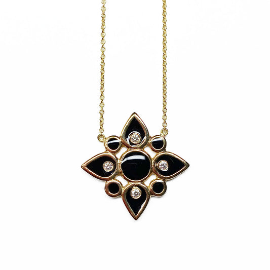 18ky Black Enamel & Diamond Flower Necklace